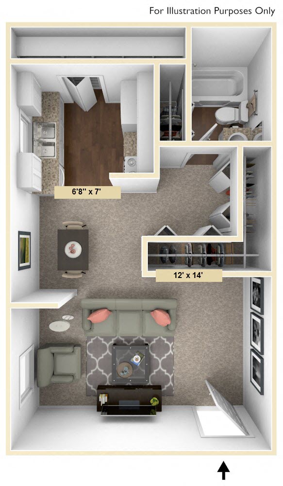 Floor plan for studio, 1 bath, 409 sqft